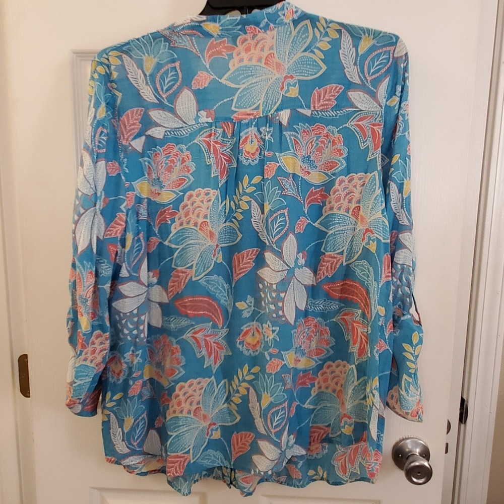 Ruby Rd. Woman Top 1X Blu Floral Rayon blend ButtonUp Blouse Resort Beach Casual - Picture 6 of 13